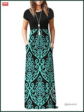 Women's Short Sleeve Maxi Dress with Pockets Empire Elastic Waist Flowey Casual